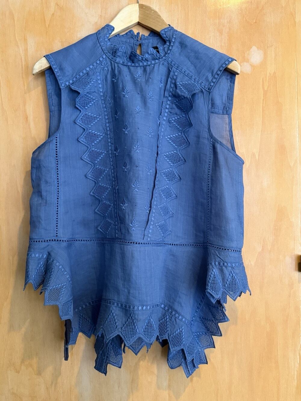 ISABEL MARANT Sleeveless Embroidered Lace Top Blue Size 38 Flared Hem